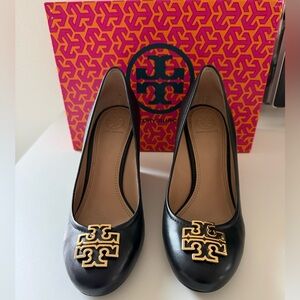Never-Worn: Tory Burch Black Wedges with Gold Hardware